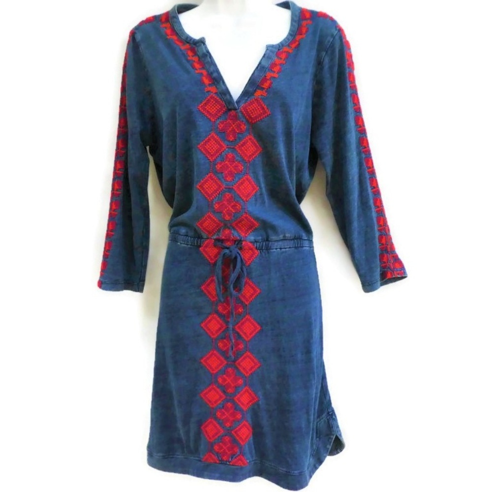 Lucky Brand Dress Blue Indigo Red Embroidered Lounge M - Picture 1 of 6
